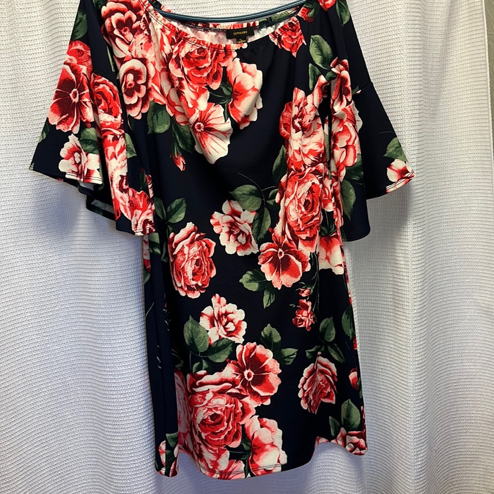Espresso navy with pink floral bell sleeve pull over XL elastic neckline dress